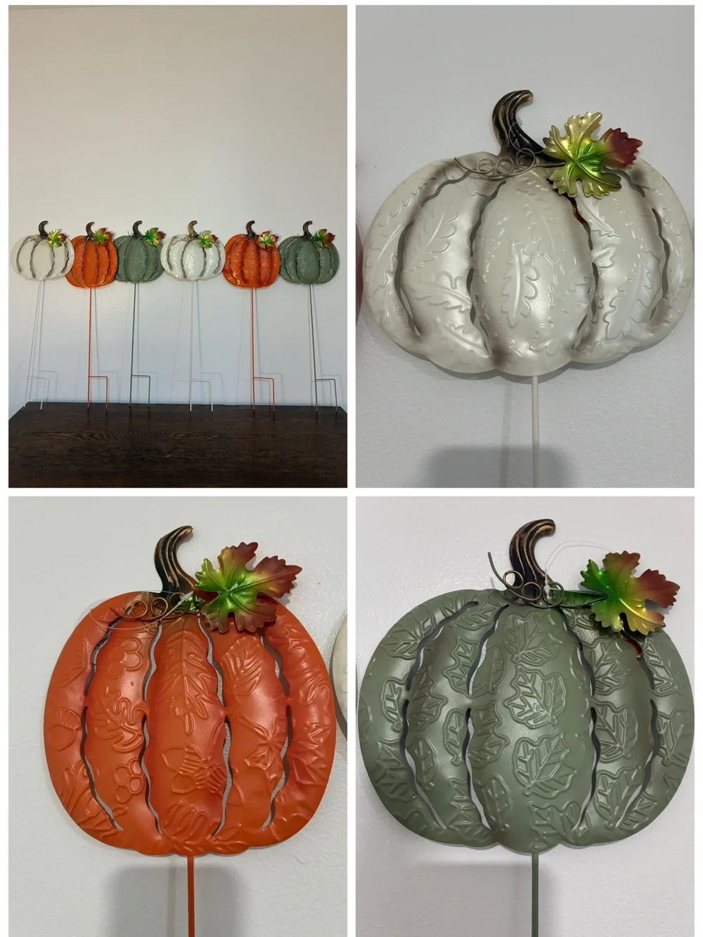 NWT- Set of 6- Embossed Leaf Design- Metal Pumpkin Yard Stakes
